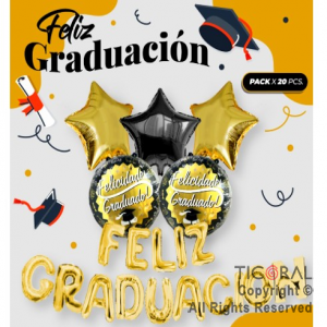 SET DE GLOBOS METALIZADO FELIZ GRADUACION ORO 20 UNIDADES X 1